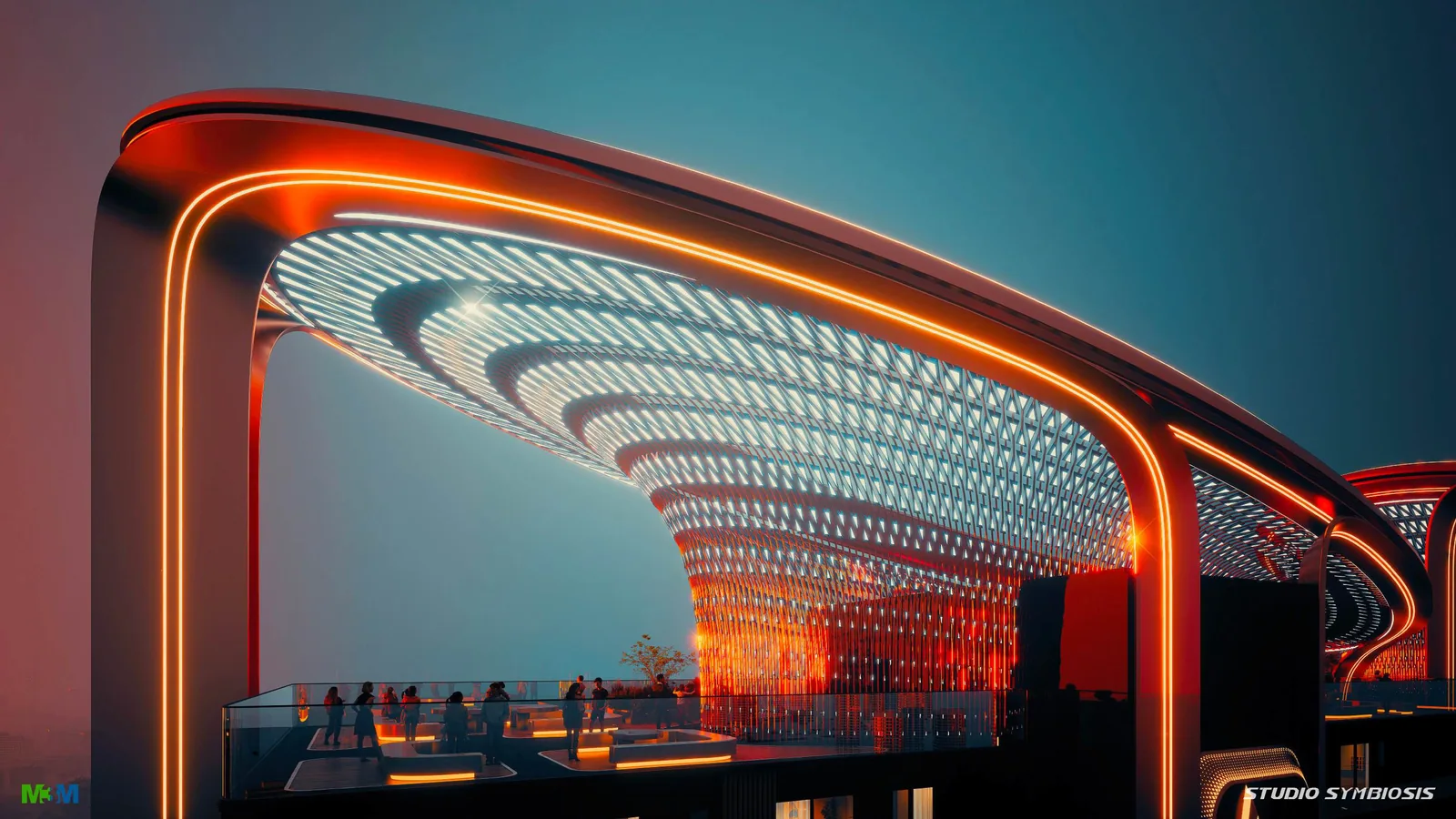 Rooftop sky lounge and terrace set beneath the sweeping illuminated crown canopy — architect's impression
