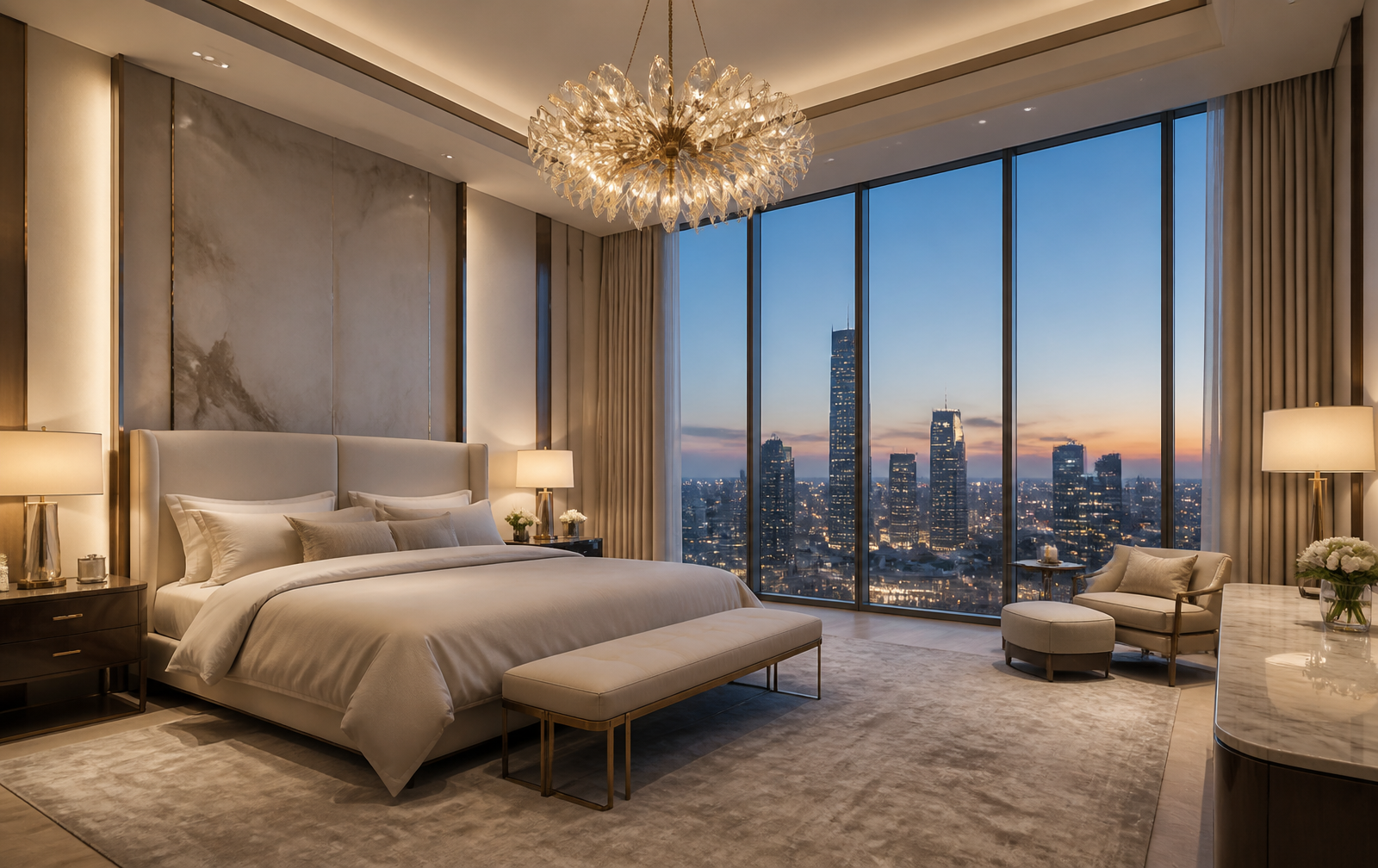 Master bedroom suite with designer chandelier and skyline views — architect's impression