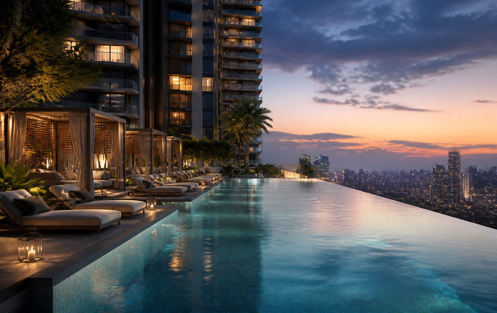 Resort-style rooftop infinity pool with cabanas at dusk — architect's impression
