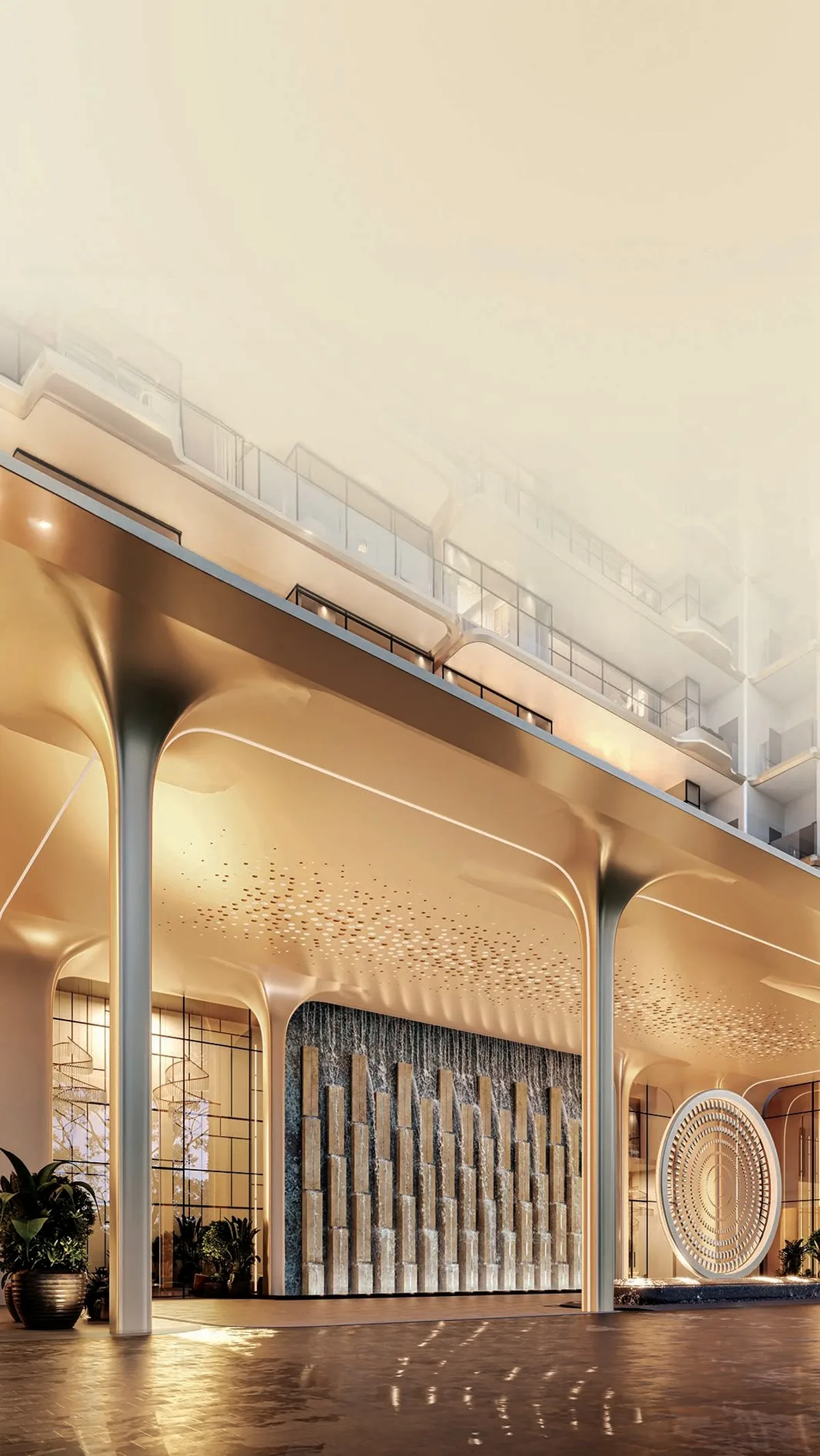 Double-height arrival lobby in Italian marble with a water feature and metallic detailing — artistic impression