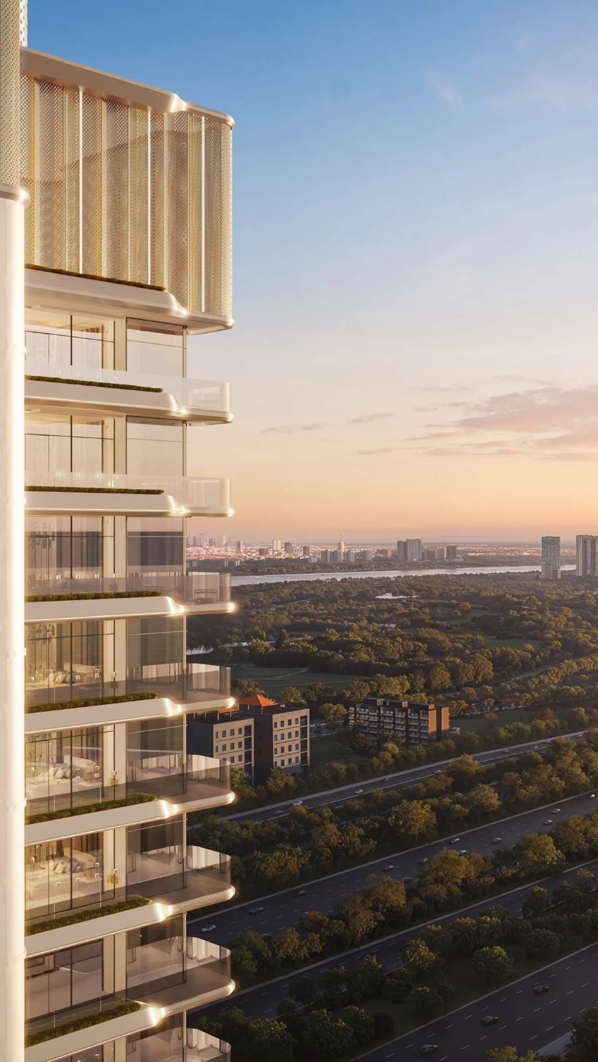 ELIE SAAB residences overlooking golf greens and the Yamuna River at sunset — artistic impression