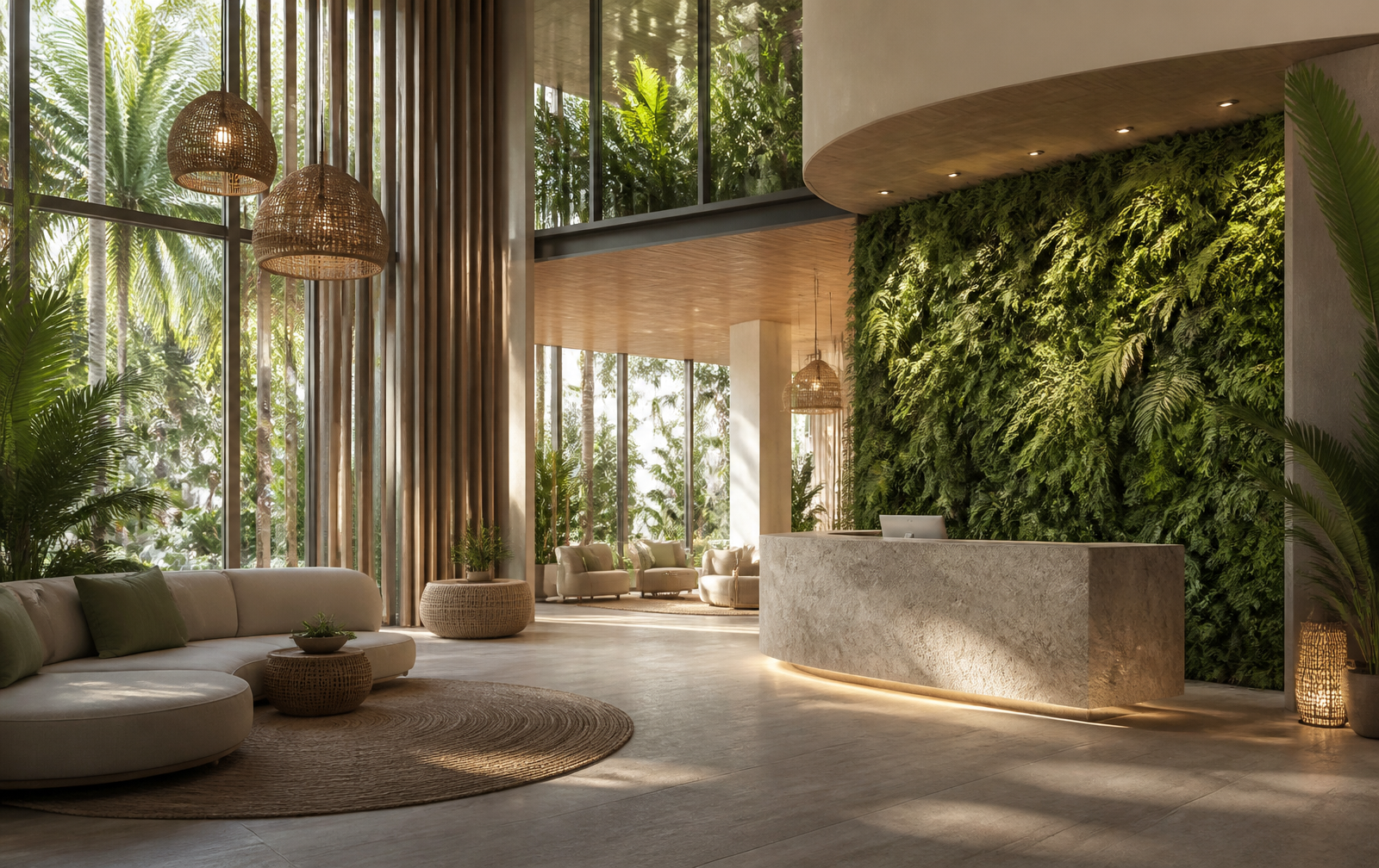 Biophilic clubhouse and spa with vertical garden wall — architect's impression