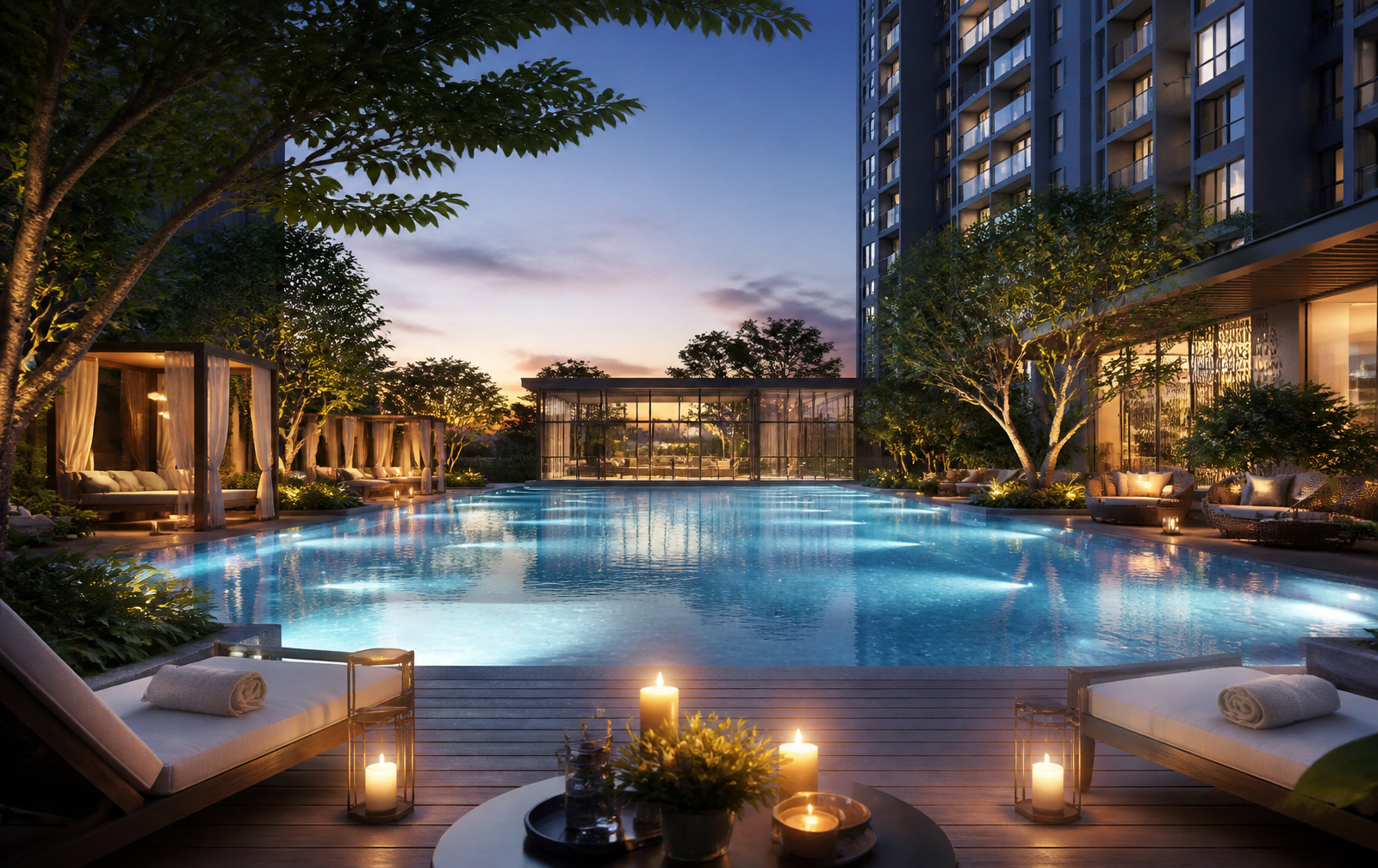 Signature poolside area within the residences at dusk — architect's impression