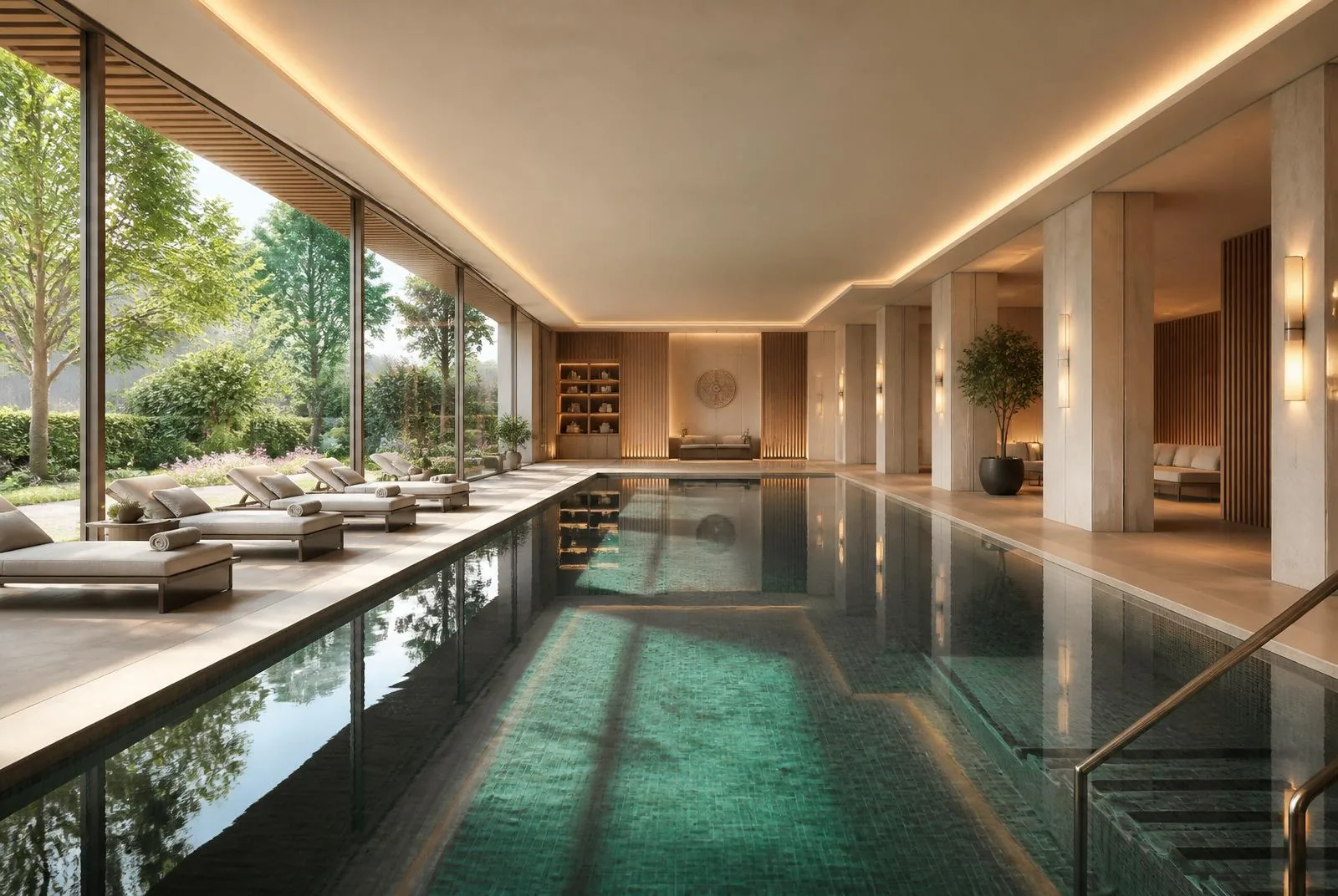Club Three Sixty North indoor pool overlooking gardens — architect's impression