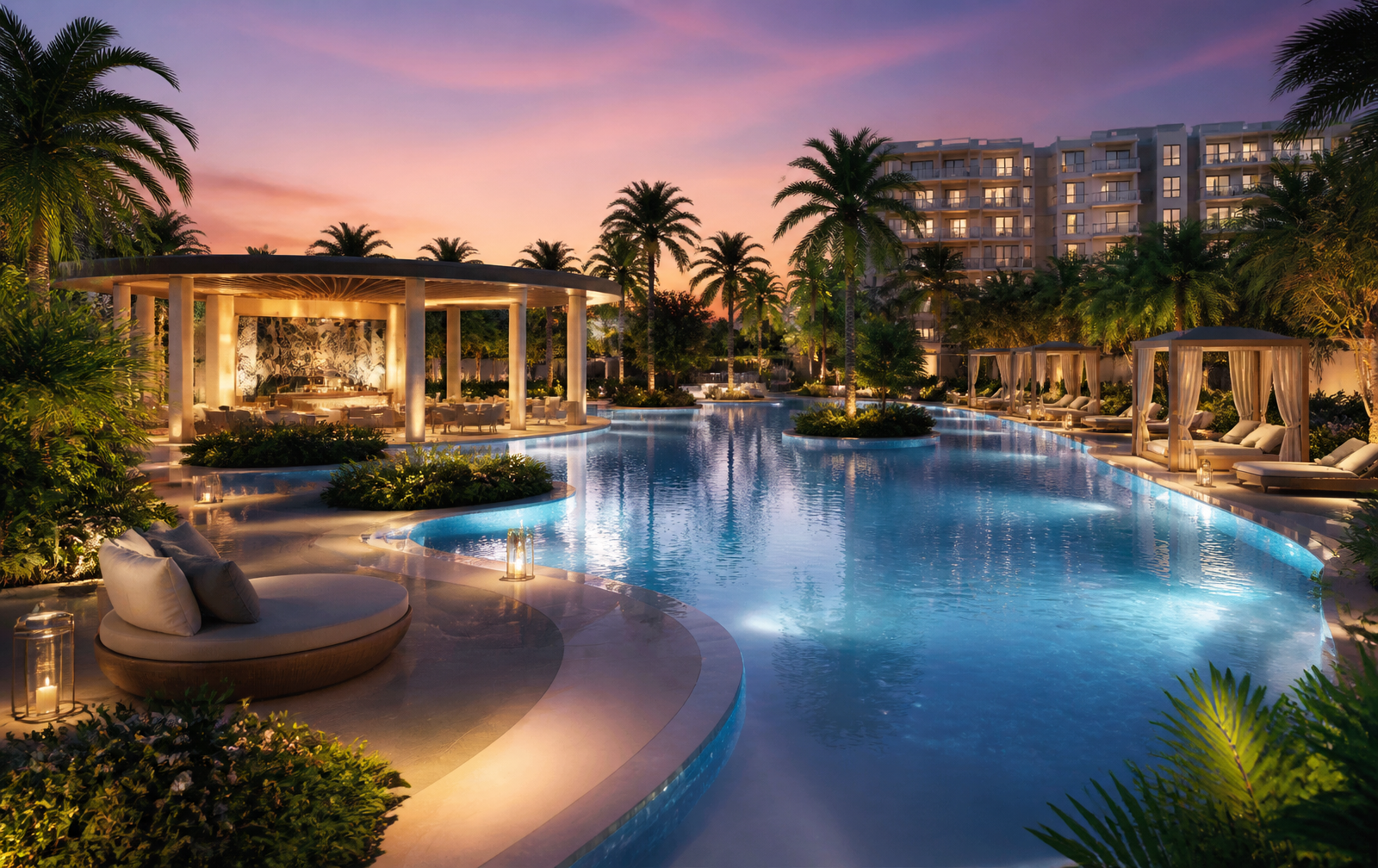 Resort-style outdoor lagoon pool with pavilion and cabanas at dusk — architect's impression